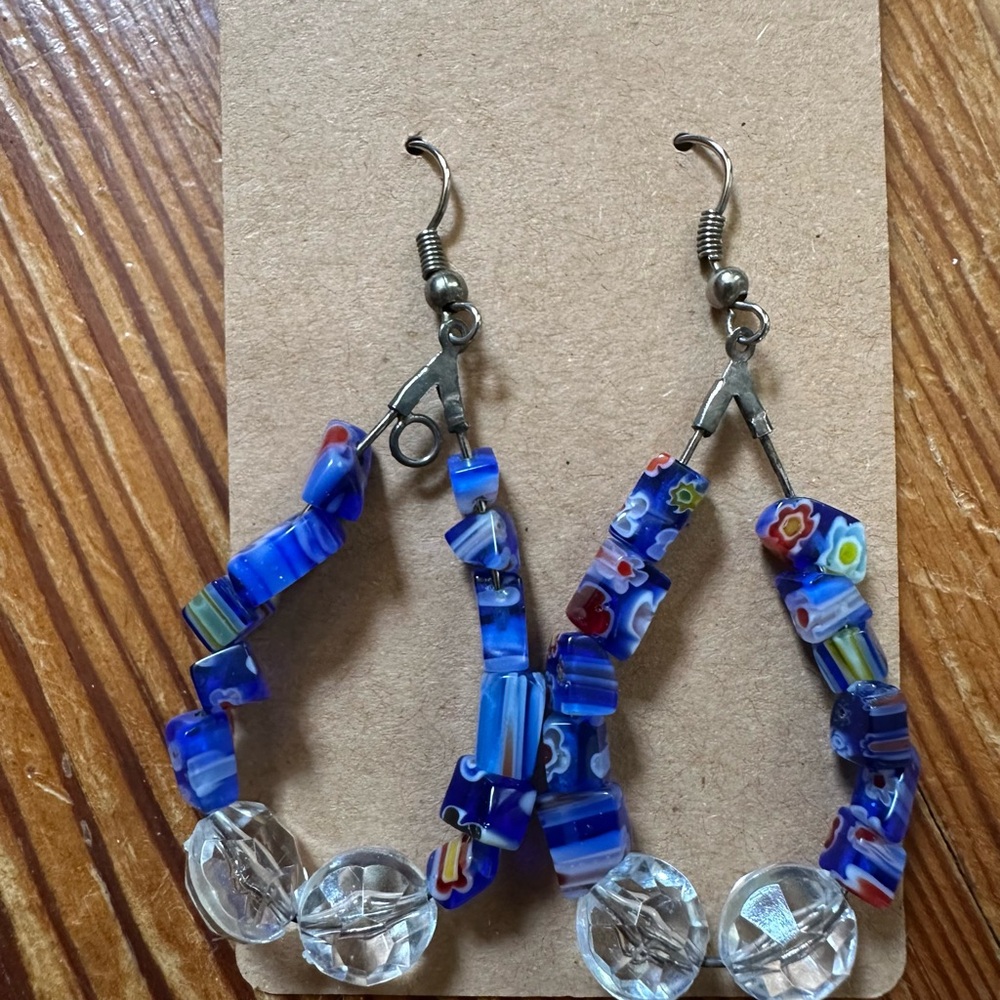 2/$30 Blue Millefiori Beaded Earrings with Clear Faceted Glass Beads- Handmade